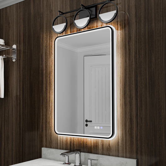 Lumina 24" W x 36" H LED Lighted Bathroom Mirror,High Illuminate, Inner & Outer Lighting,Anti-Fog, Dimmable,Black Frame with Rounded Corners