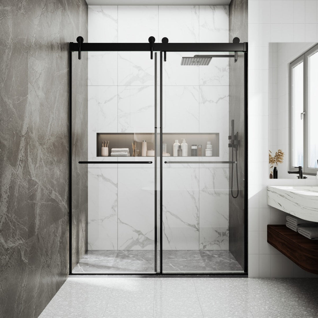 Double Sliding Glass Shower Door Semi-Frameless installed in luxury marble bathroom, showcasing premium matte black hardware and space-saving design.