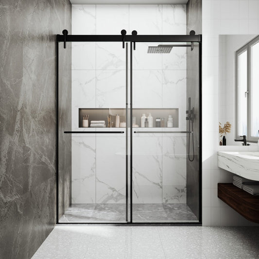Double Sliding Glass Shower Door Semi-Frameless installed in luxury marble bathroom, showcasing premium matte black hardware and space-saving design.