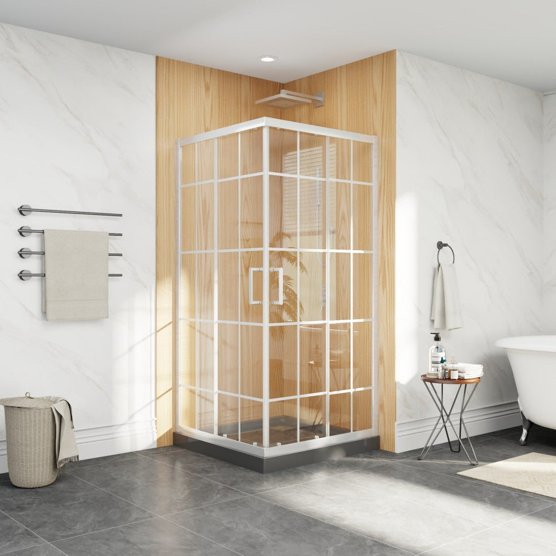 Haven-S Series Sliding Corner Shower: Grid Frame Enclosure for Compact Bathrooms