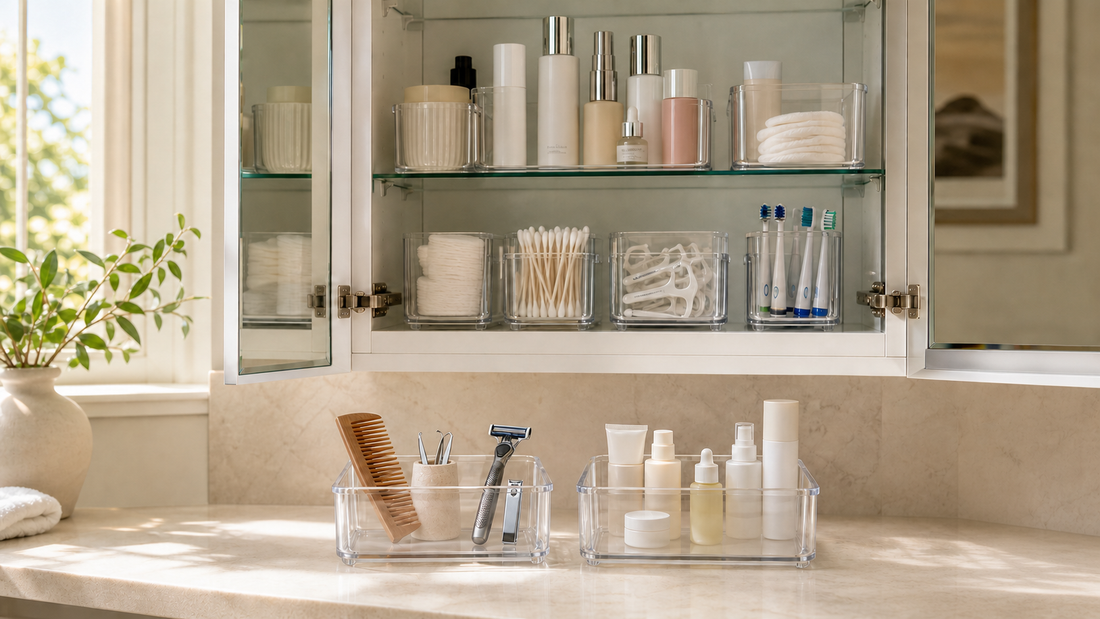 Clear acrylic bathroom cabinet organizers holding skincare, cotton essentials, dental care, and grooming tools.