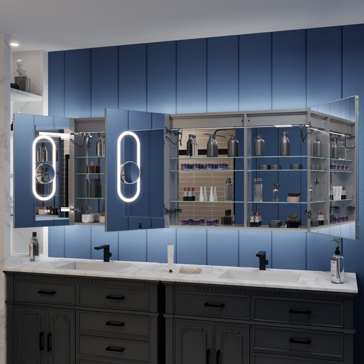 Illusion-B 76" x 32" Led Lit Medicine Cabinet with Magnifiers Front and Back Light