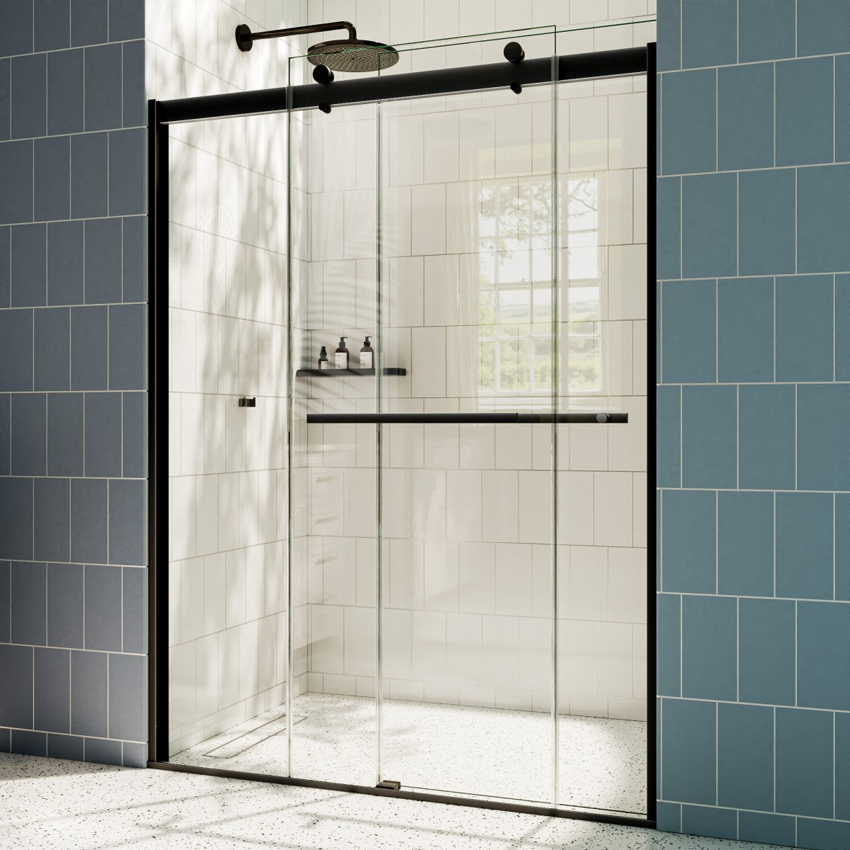 ExRoll 44-48" x 74" Frameless Shower Sliding Glass,Matte Black,Water Repellent Glass Shower Door,Explosion-proof,Easy-to-clean coating