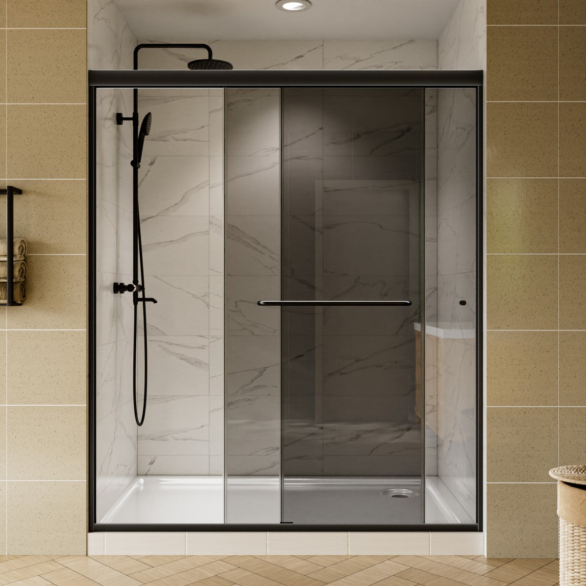 Glide-GR Framed Shower Door 44-48 in. W x 70 in. H Bypass Sliding Shower Enclosure,Matte Black,Double Sliding Smoke Gray Glass