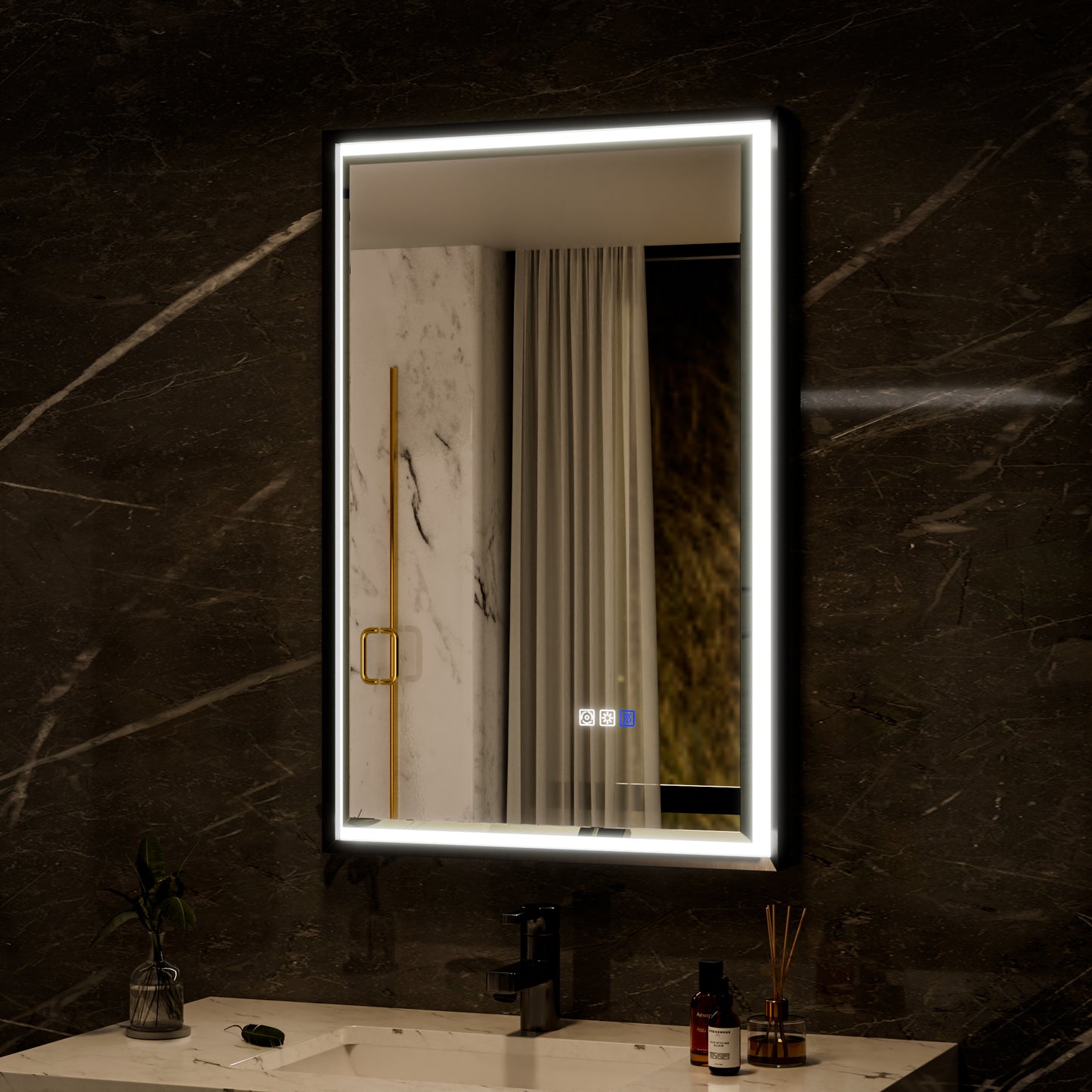 Verloar 22" W x 34" H Dimmable Lighted Bath Mirror with Light, Anti Fog and Matte Black Frame