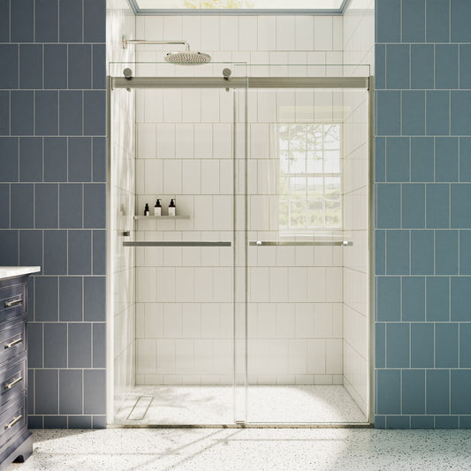 ExRoll Semi-Frameless Shower Sliding Glass 50-54 in. W x 74 in. H Bypass Sliding Shower Enclosure,Brushed Nickel,Explosion-proof,Easy-to-clean coating