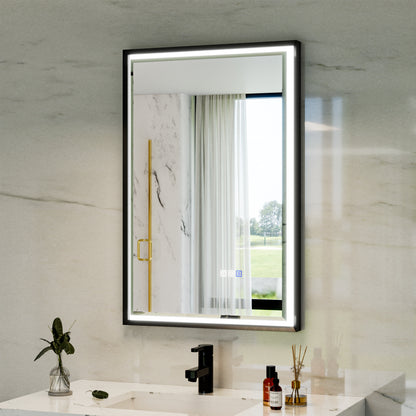 Verloar 22" W x 34" H Dimmable Lighted Bath Mirror with Light, Anti Fog and Matte Black Frame