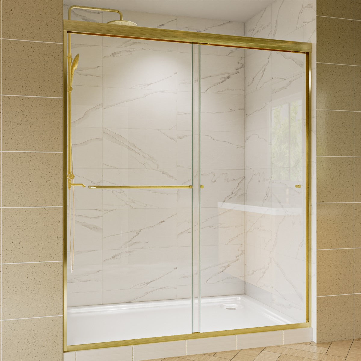 Glide Framed Shower Door 56-60 in. W x 70 in. H Bypass Sliding Shower Enclosure,Brushed Gold,Double Sliding Glass Bathroom Doors