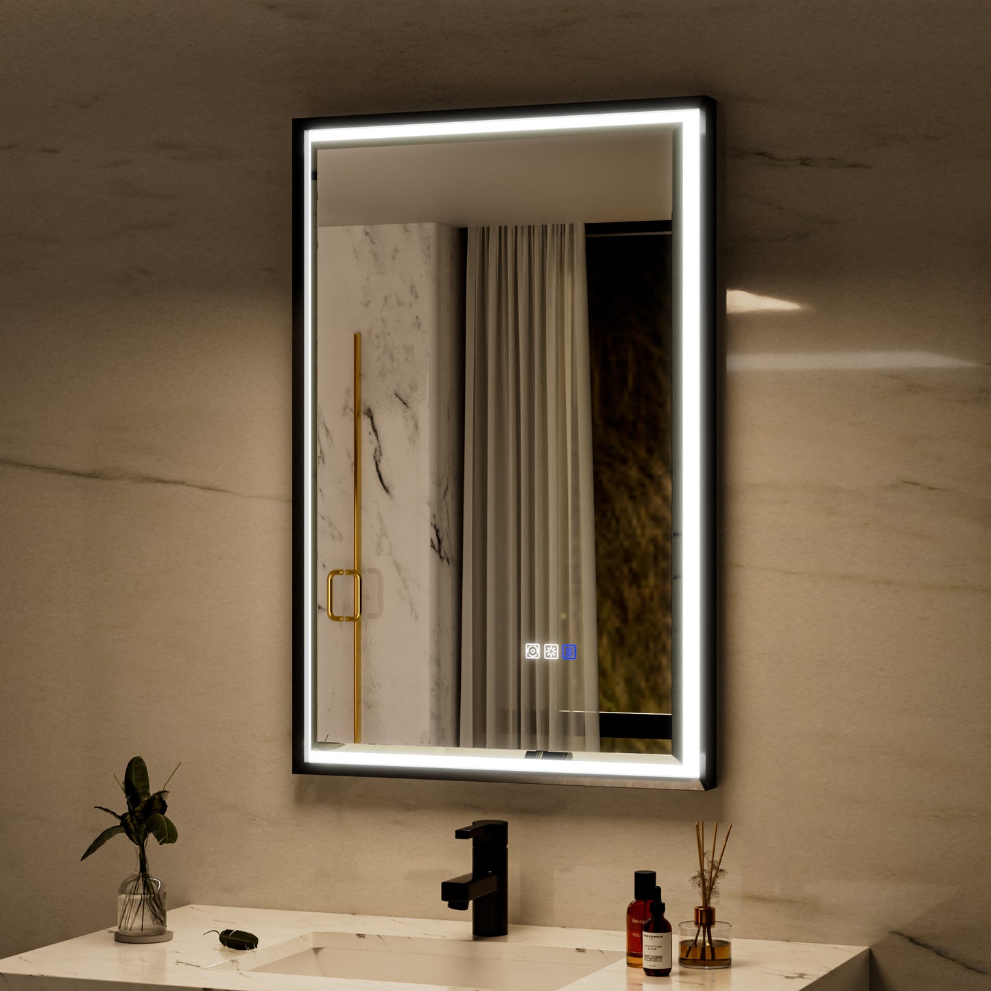 Verloar 22" W x 34" H Dimmable Lighted Bath Mirror with Light, Anti Fog and Matte Black Frame