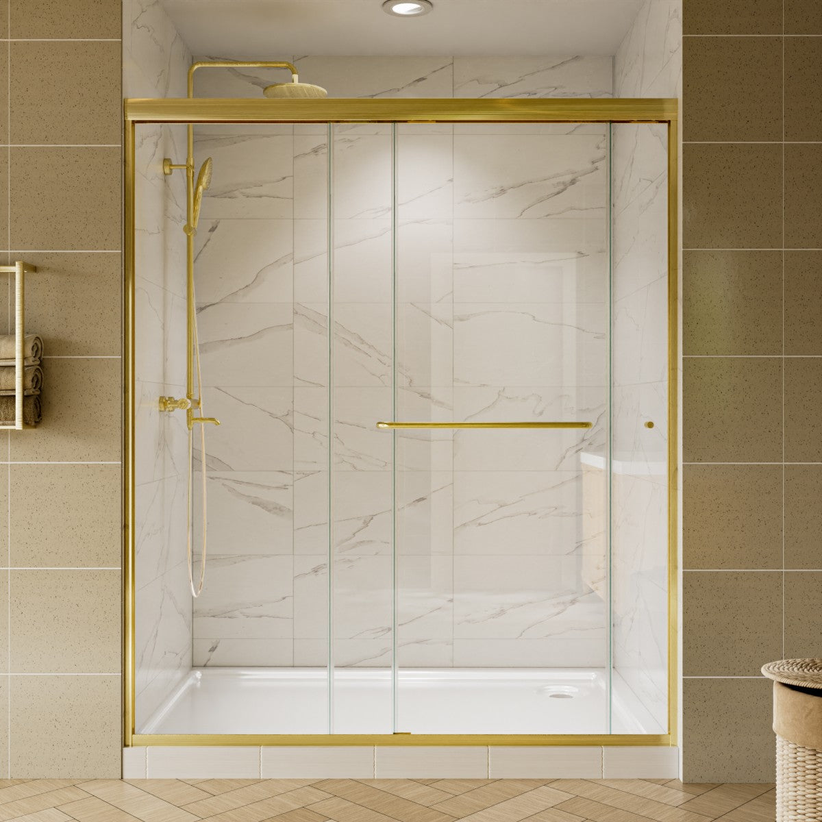 Glide Framed Shower Door 56-60 in. W x 70 in. H Bypass Sliding Shower Enclosure,Brushed Gold,Double Sliding Glass Bathroom Doors