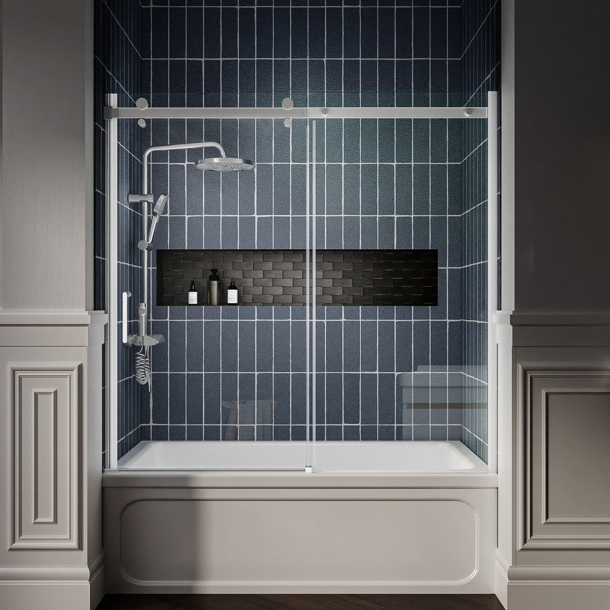 Zephyr 56-60" Semi-Frameless Single Sliding Tub Door,Chrome,Bypass Bathtub Shower Tempered Glass Door with Explosion-Proof Film