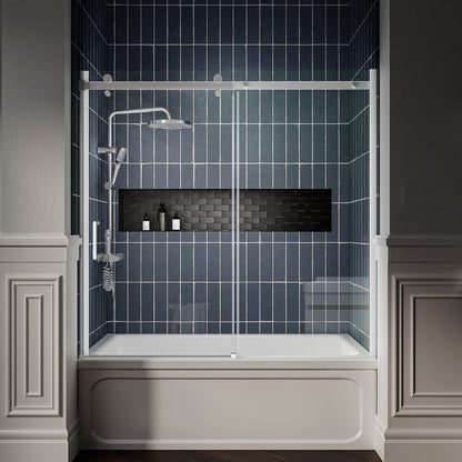 Zephyr 56-60" Semi-Frameless Single Sliding Tub Door,Chrome,Bypass Bathtub Shower Tempered Glass Door with Explosion-Proof Film