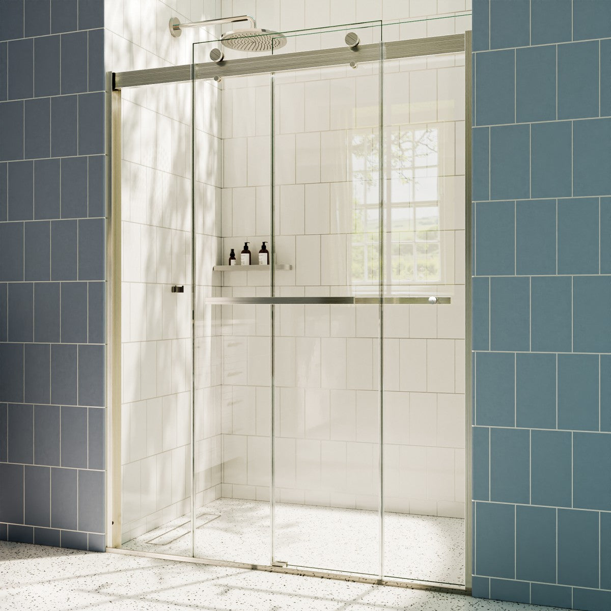 ExRoll Semi-Frameless Shower Sliding Glass 50-54 in. W x 74 in. H Bypass Sliding Shower Enclosure,Brushed Nickel,Explosion-proof,Easy-to-clean coating