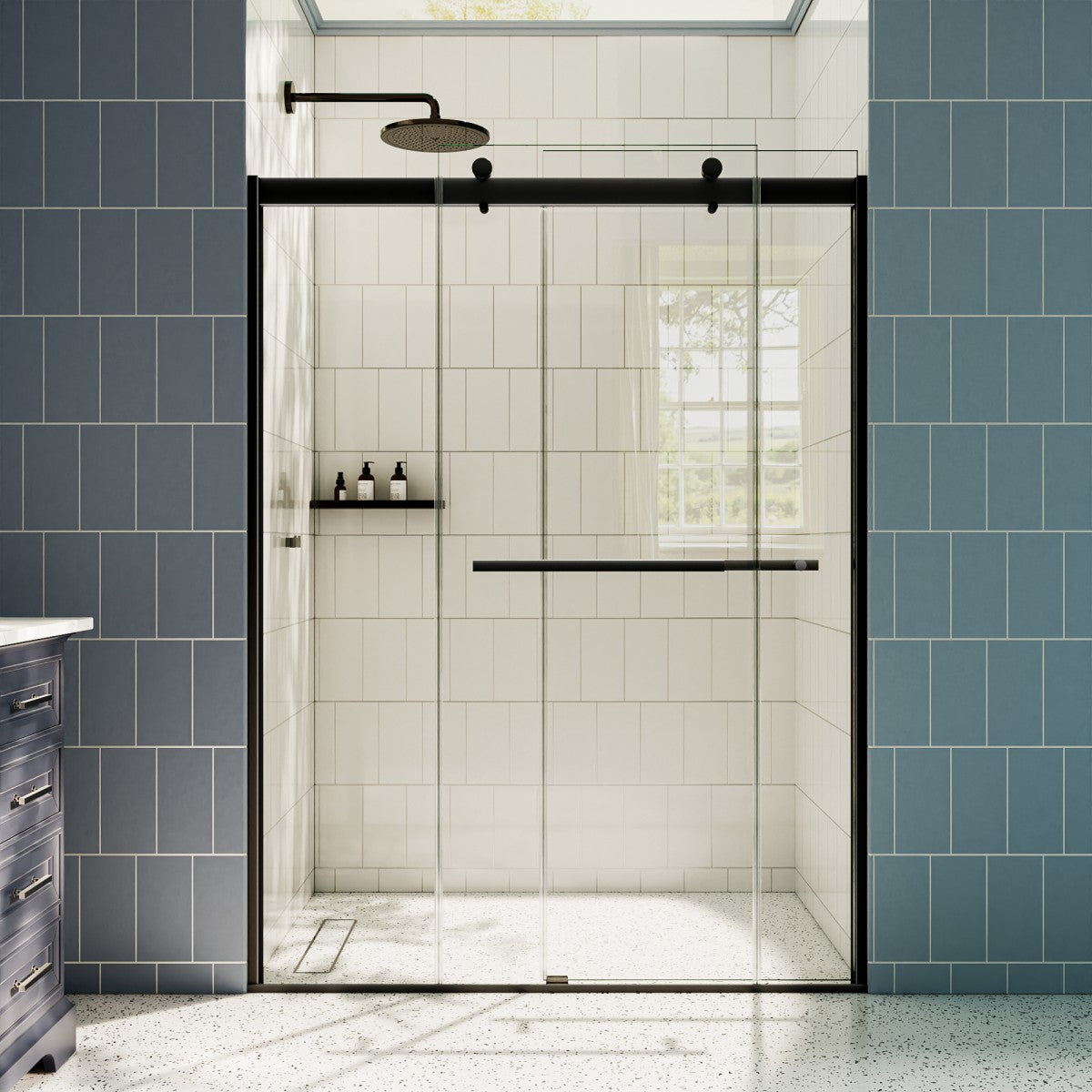 ExRoll 56"-60" Width x 74" Height Shower Sliding Glass,Clear Tempered Glass,Matte Black,Explosion-proof,Easy-to-clean coating,Smooth Door Closing