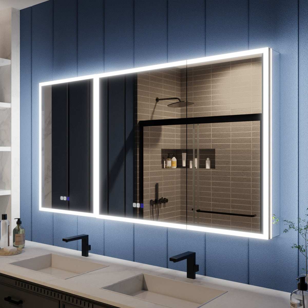 Bathroom with a large illuminated mirror above a sink