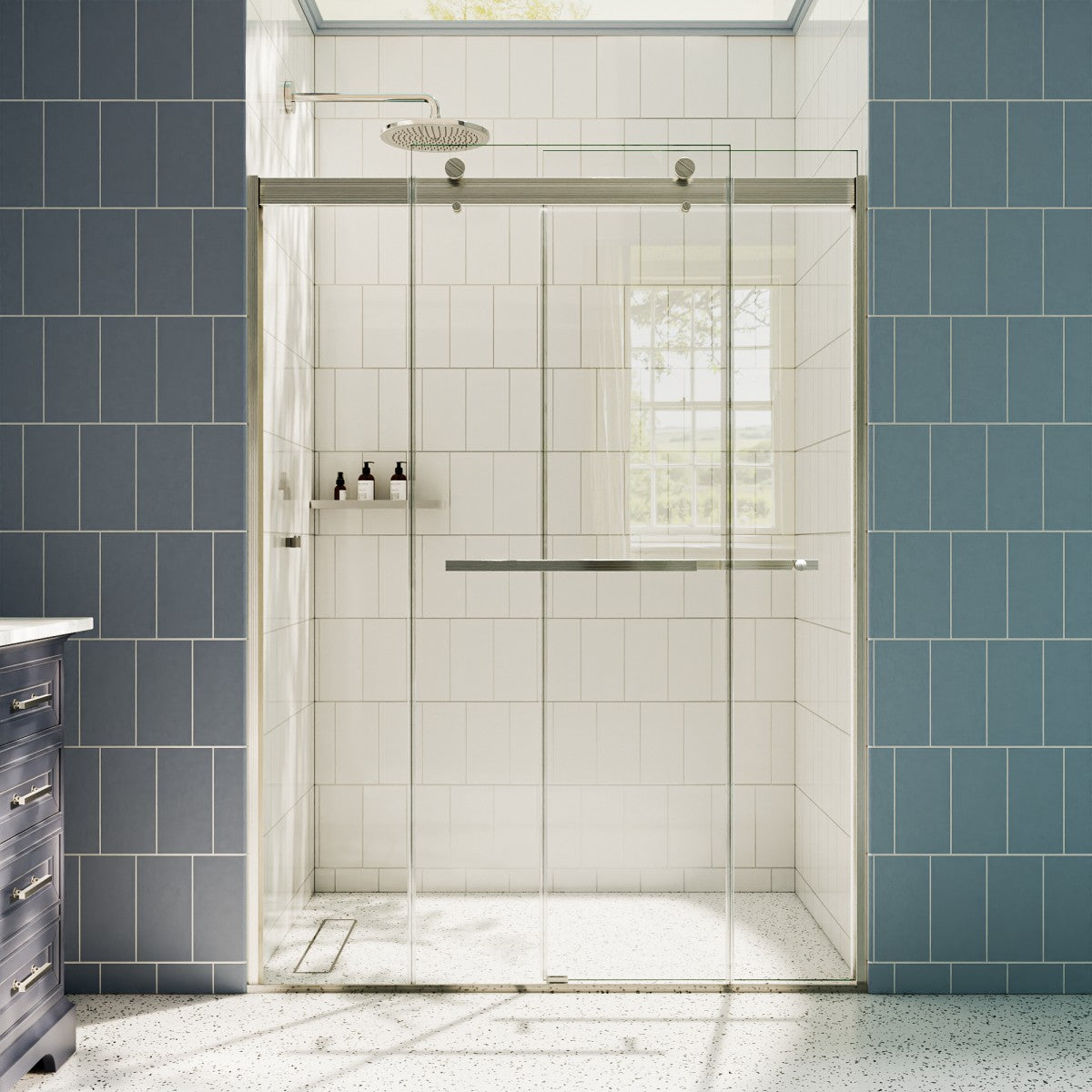 ExRoll 44-48" x 74" Frameless Shower Sliding Glass,Brushed Nickel,Water Repellent Glass Shower Door,Explosion-proof,Easy-to-clean coating