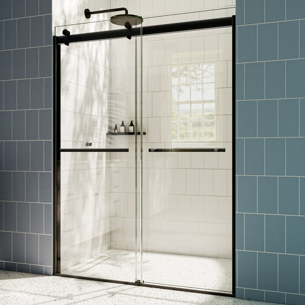 ExRoll 44-48" x 74" Frameless Shower Sliding Glass,Matte Black,Water Repellent Glass Shower Door,Explosion-proof,Easy-to-clean coating