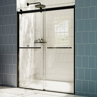 ExRoll 44-48" x 74" Frameless Shower Sliding Glass,Matte Black,Water Repellent Glass Shower Door,Explosion-proof,Easy-to-clean coating