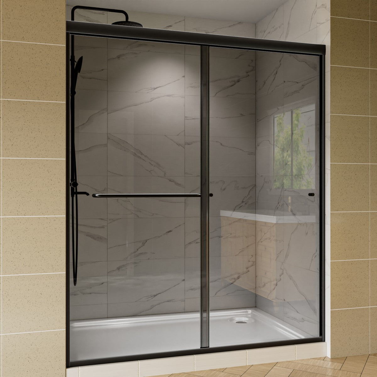 Glide-GR Framed Shower Door 44-48 in. W x 70 in. H Bypass Sliding Shower Enclosure,Matte Black,Double Sliding Smoke Gray Glass