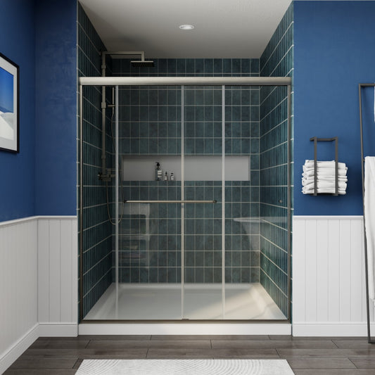 Glide Semi-Frameless Shower Door 56-60 in. W x 70 in. H Bypass Sliding Shower Enclosure,Brushed Nickel,Double Sliding Glass Bathroom Doors