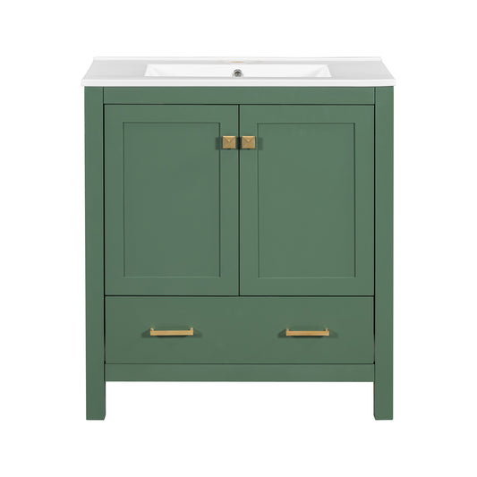 Exbrite 30-Inch Green Bathroom Vanity with Ceramic Sink and Soft-Close Storage