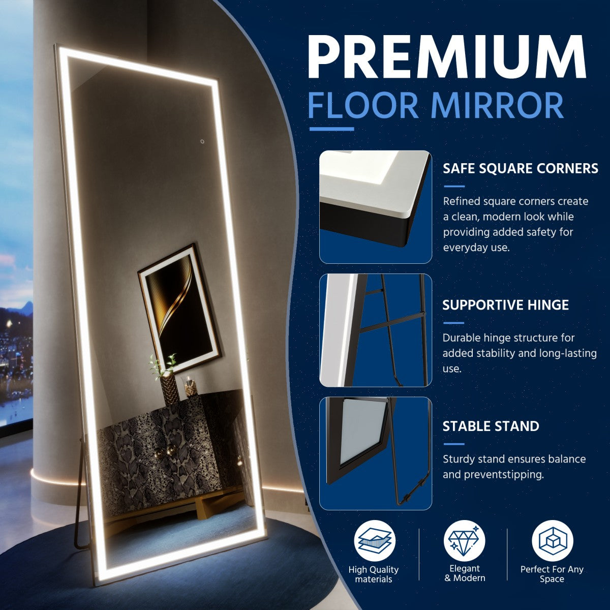 Nivor 34″ × 82″ Dimmable LED Full-Length Floor Mirror with Stand, 3-Color Lights & Wall-Mount Option