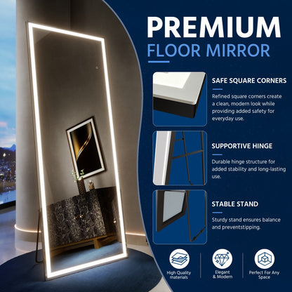 Nivor 34″ × 82″ Dimmable LED Full-Length Floor Mirror with Stand, 3-Color Lights & Wall-Mount Option