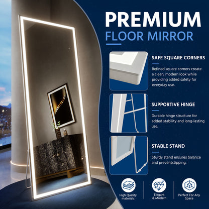 Nivor 82"x34" Dimmable LED Full-Length Floor Framed Mirror with Stand, 3-Color Lights & Wall-Mount Option