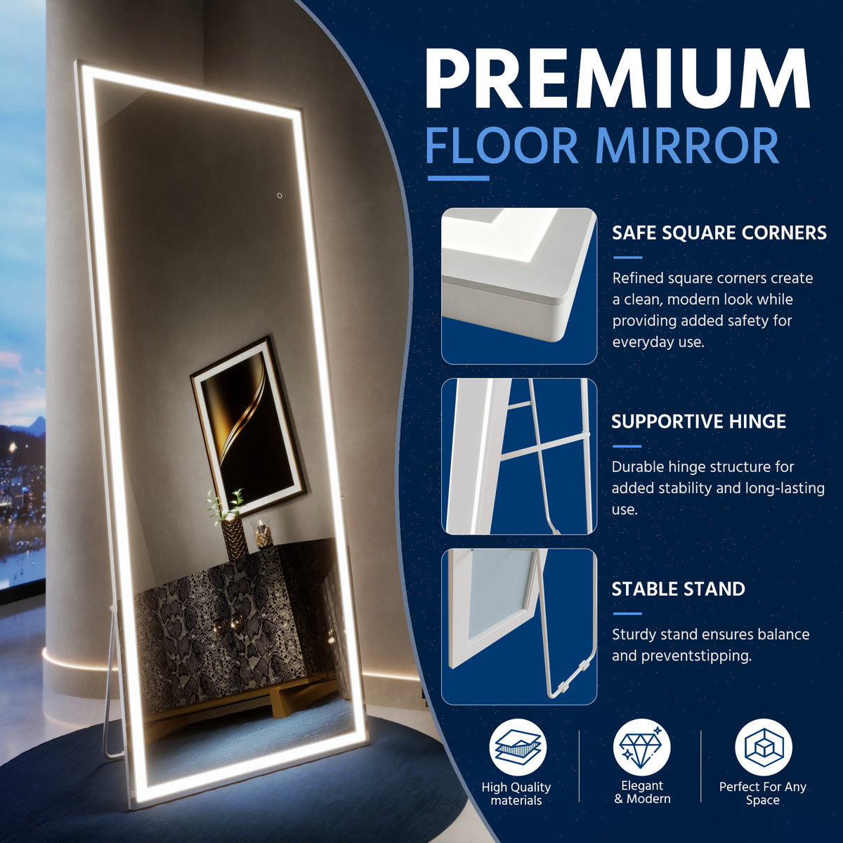 Nivor 80"x32" Dimmable LED Full-Length Floor Framed Mirror with Stand, 3-Color Lights & Wall-Mount Option