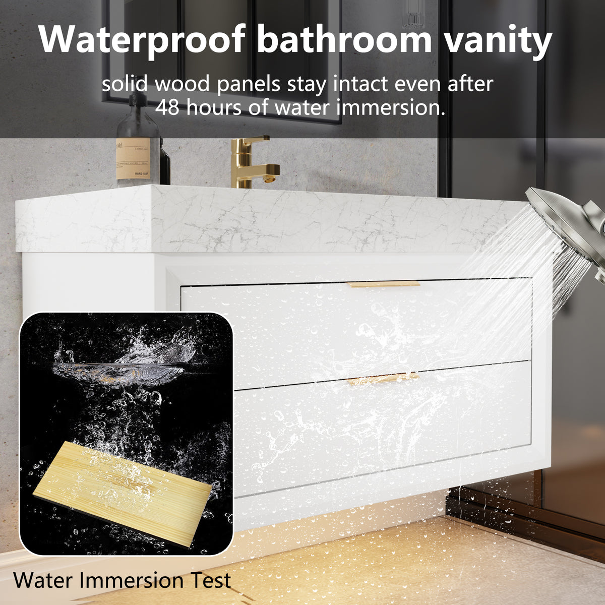 Glam 36" Modern White Bathroom Vanity with Floating Design, Lights, Stone Slab Countertop, and Single Sink