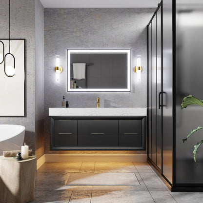 Glam 48 Inch Bathroom Vanity with Top - Modern Floating Black Rubberwood Cabinet with Lights and Stone Slab Countertop, Single Sink