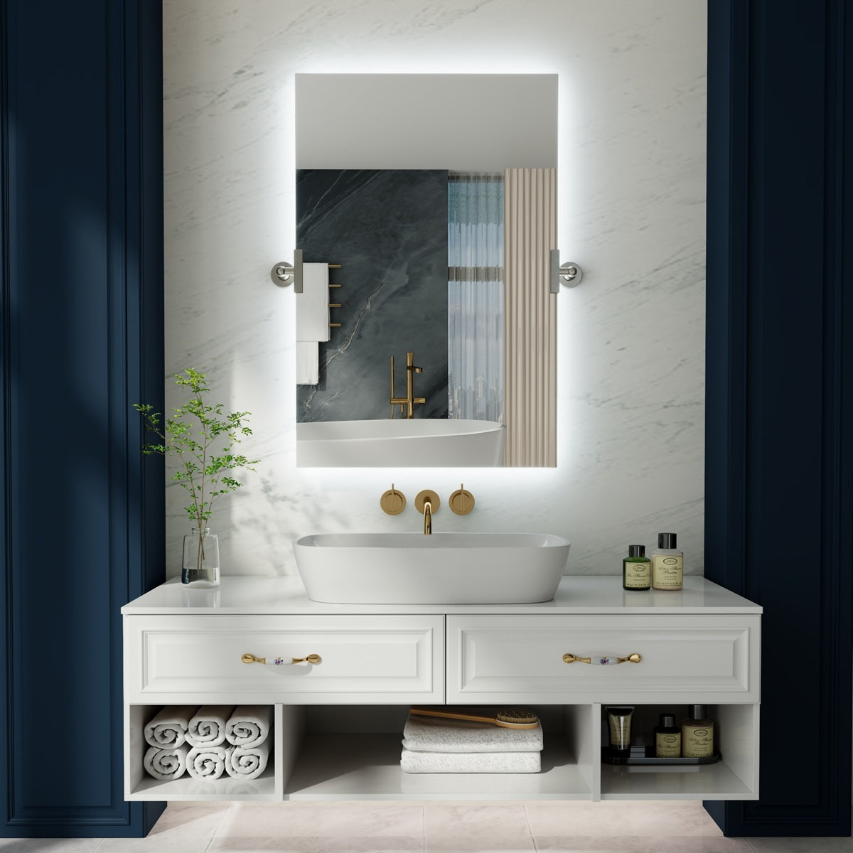 24"x 36" Navi-pro  Frameless Rectangular 3-Color Backlit Pivoting LED Bathroom Mirror
