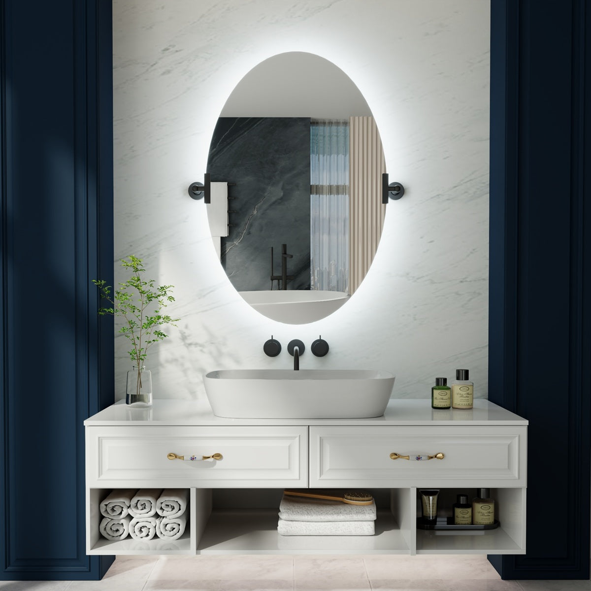 24"x 36" Navi-pro Frameless Oval 3-Color Backlit Pivoting LED Bathroom Mirror