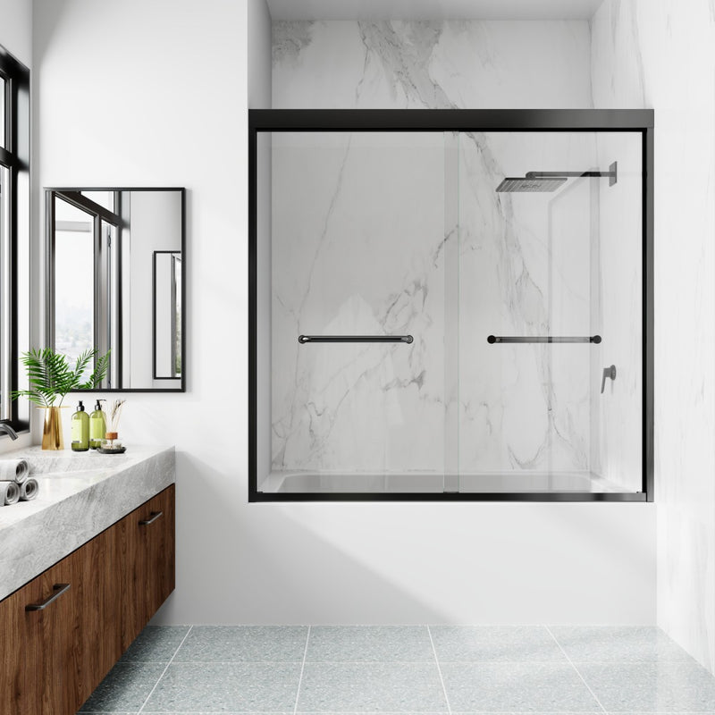 Bathroom with a shower enclosure, sink, and mirror.