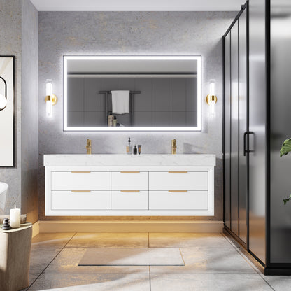 Glam 60" Modern White Vanity 60 with Rubberwood Bathroom Cabinet, Dual Sinks, Lights, and Stone Slab Countertop