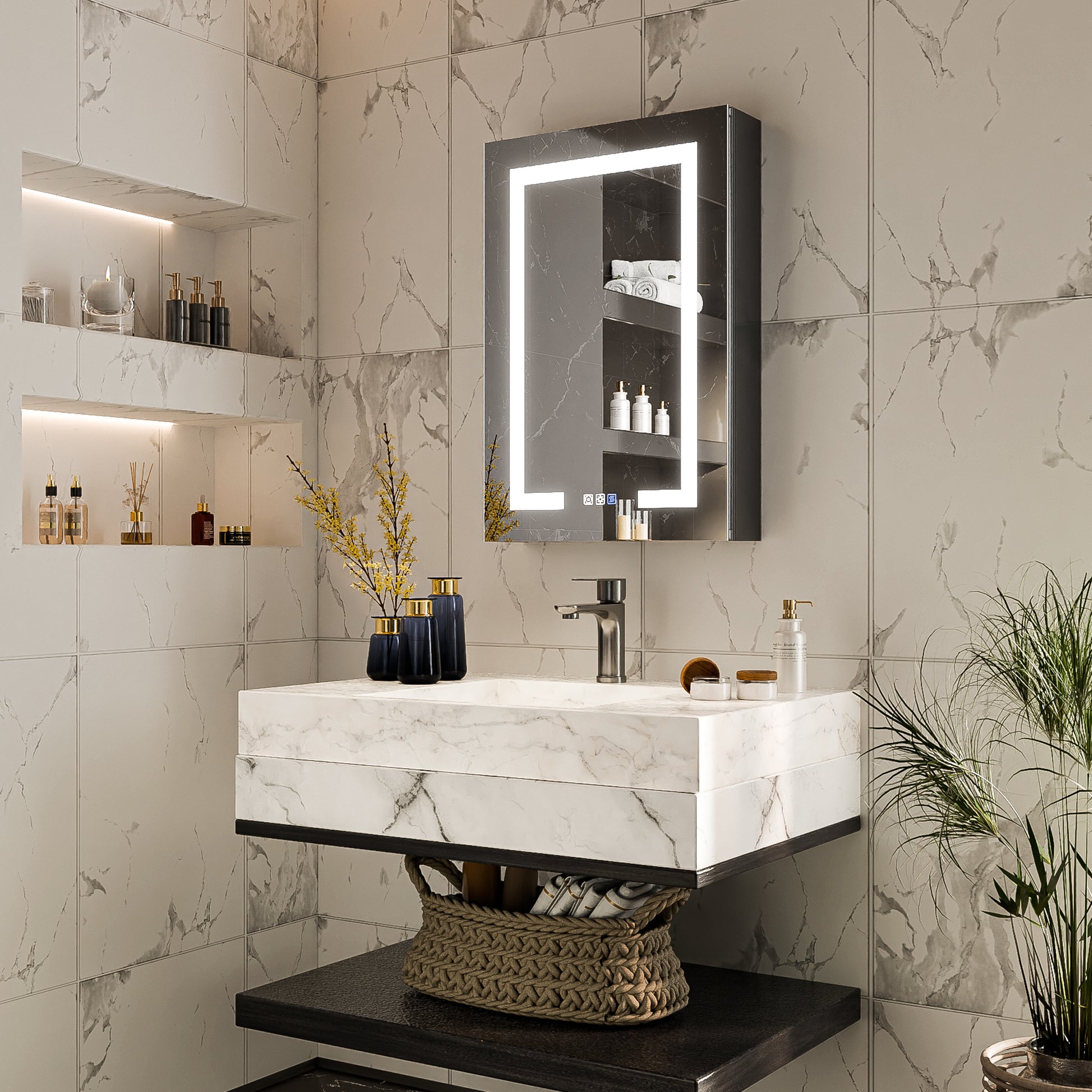 Boost-M1 20" W x 30" H Light Medicine Cabinet Recessed or Surface Mount Aluminum Adjustable Shelves Vanity Mirror Cabinet, Black Frame, Hinge on the Left - ExBriteUSA