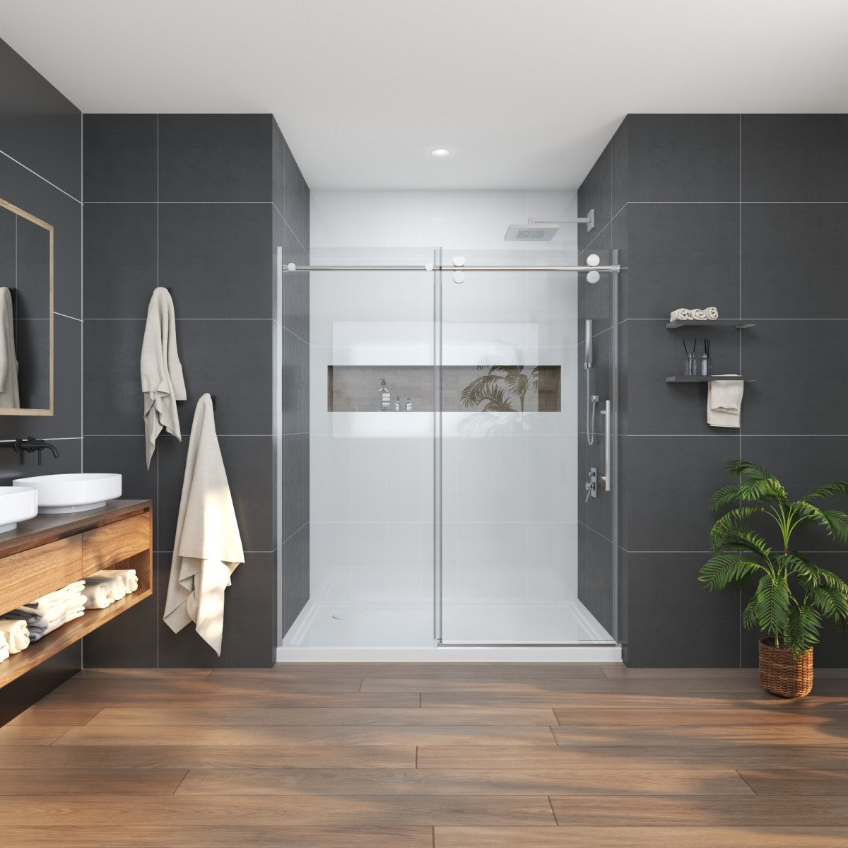 Anchor-H Allsumhome 56"-60"W x 76"H Frameless Sliding Shower Door,10mm Tempered Glass Shower Enclosure,Double Side Easy Clean Coat,Chrome,Buffer