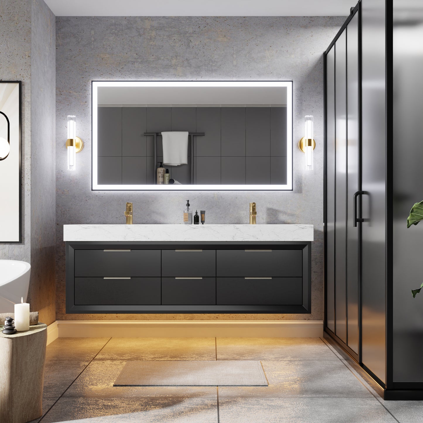 Glam 60" Black Floating Vanity 60 Modern Rubberwood Bathroom Cabinet with Lights and Stone Slab Countertop, Dual Sinks