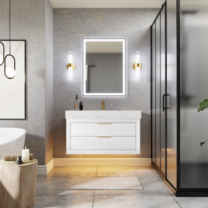 Glam 36" Modern White Bathroom Vanity with Floating Design, Lights, Stone Slab Countertop, and Single Sink