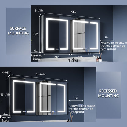 Boost-M1 54" W x 30" H Light Medicine Cabinet Recessed or Surface Mount Aluminum Adjustable Shelves Vanity Mirror Cabinet