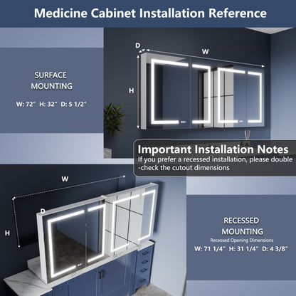 Boost-M2 Large Medicine Cabinet 72" W x 32" H Bathroom Narrow Light with Vanity Mirror Recessed or Surface