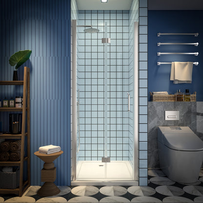 Exbrite Adapt Bifold Shower Door 30-32 in.W x 72 in.H Pivot Swing Shower Doors,Brushed Nickel,Tempered Glass
