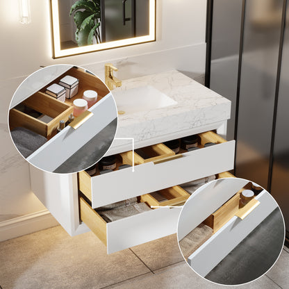 Glam 36" Modern White Bathroom Vanity with Floating Design, Lights, Stone Slab Countertop, and Single Sink