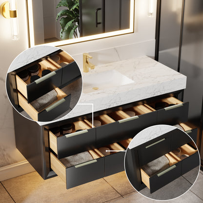 Glam 48 Inch Bathroom Vanity with Top - Modern Floating Black Rubberwood Cabinet with Lights and Stone Slab Countertop, Single Sink