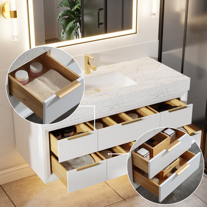 Glam 48" White Floating Bathroom Vanity with Lights and Stone Slab Countertop, Single Sink