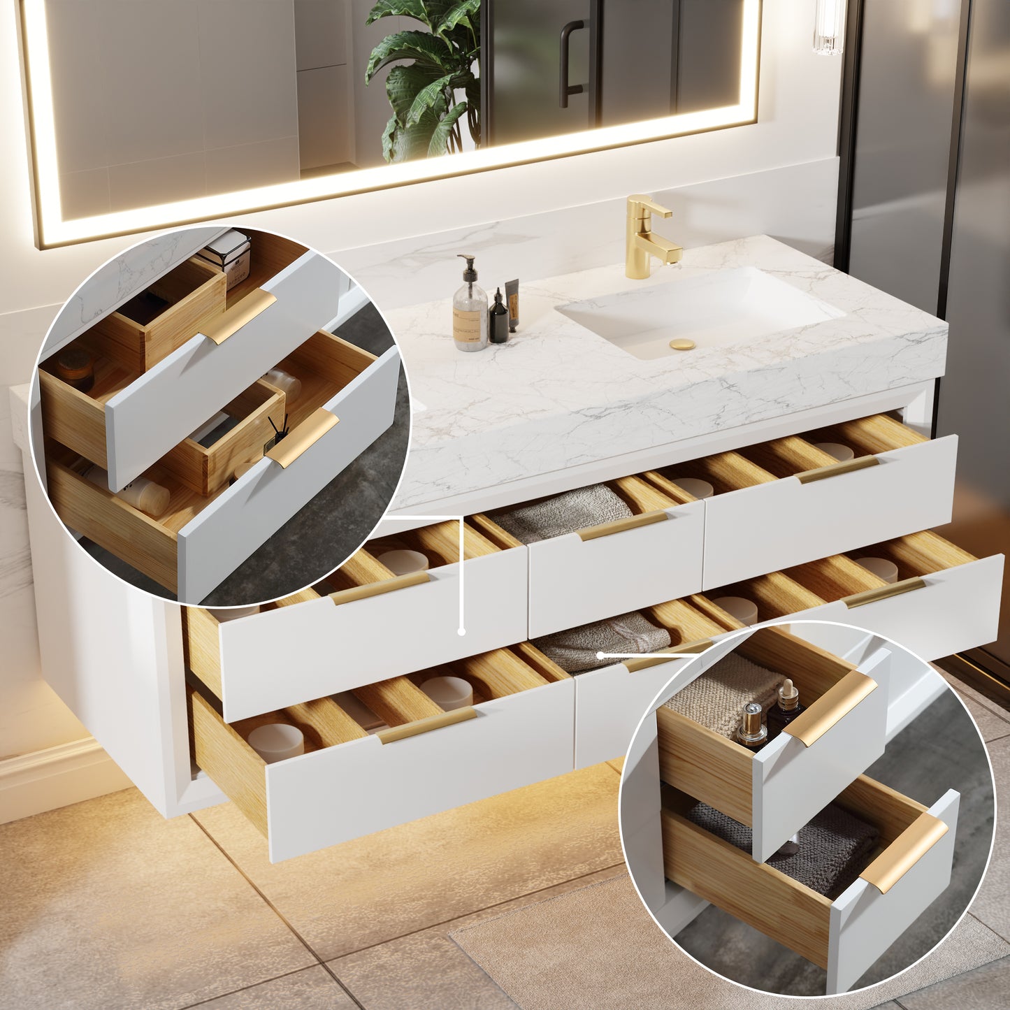 Glam 60" Modern White Vanity 60 with Rubberwood Bathroom Cabinet, Dual Sinks, Lights, and Stone Slab Countertop
