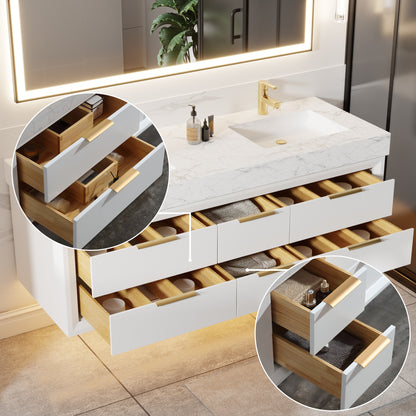 Glam 60" Modern White Vanity 60 with Rubberwood Bathroom Cabinet, Dual Sinks, Lights, and Stone Slab Countertop