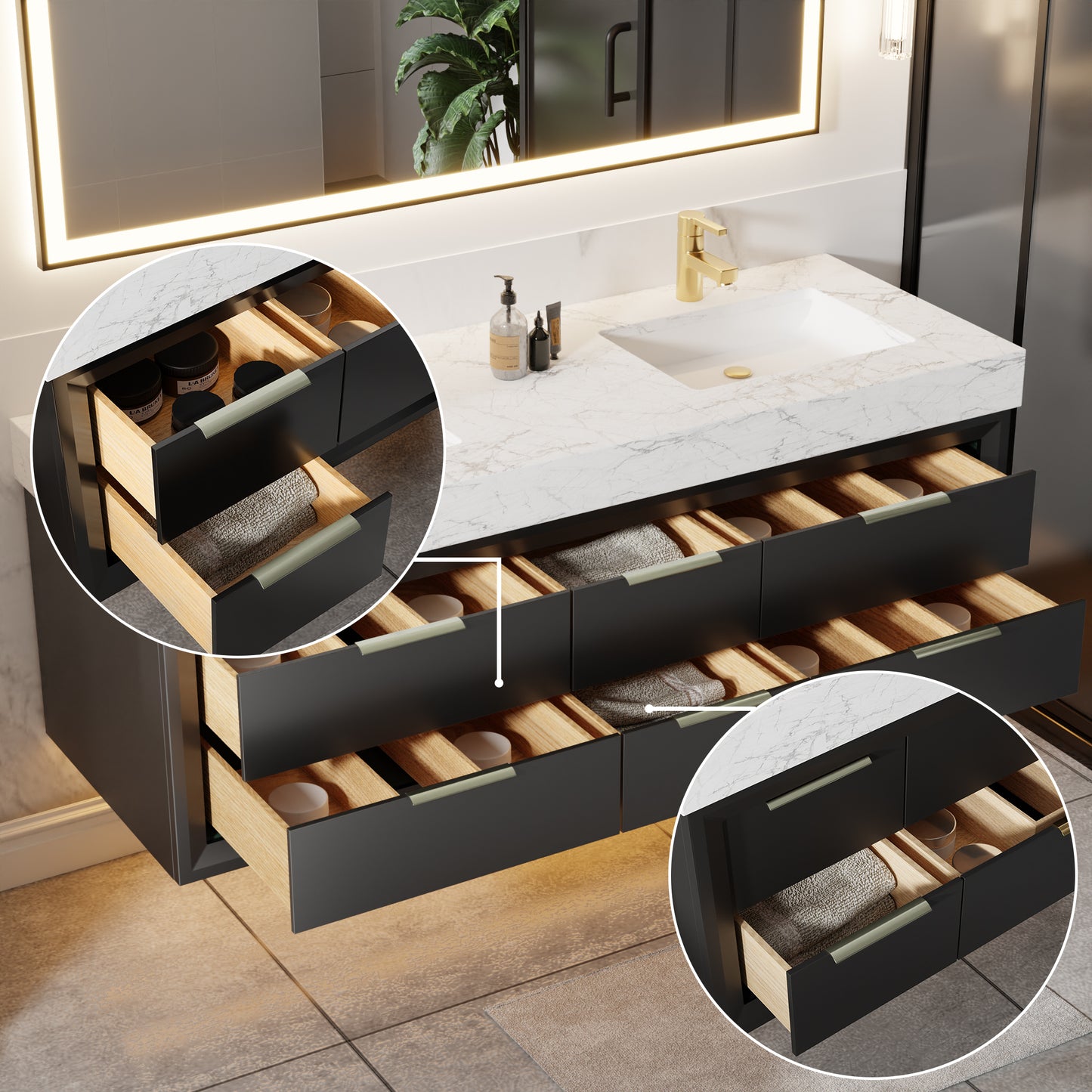 Glam 60" Black Floating Vanity 60 Modern Rubberwood Bathroom Cabinet with Lights and Stone Slab Countertop, Dual Sinks