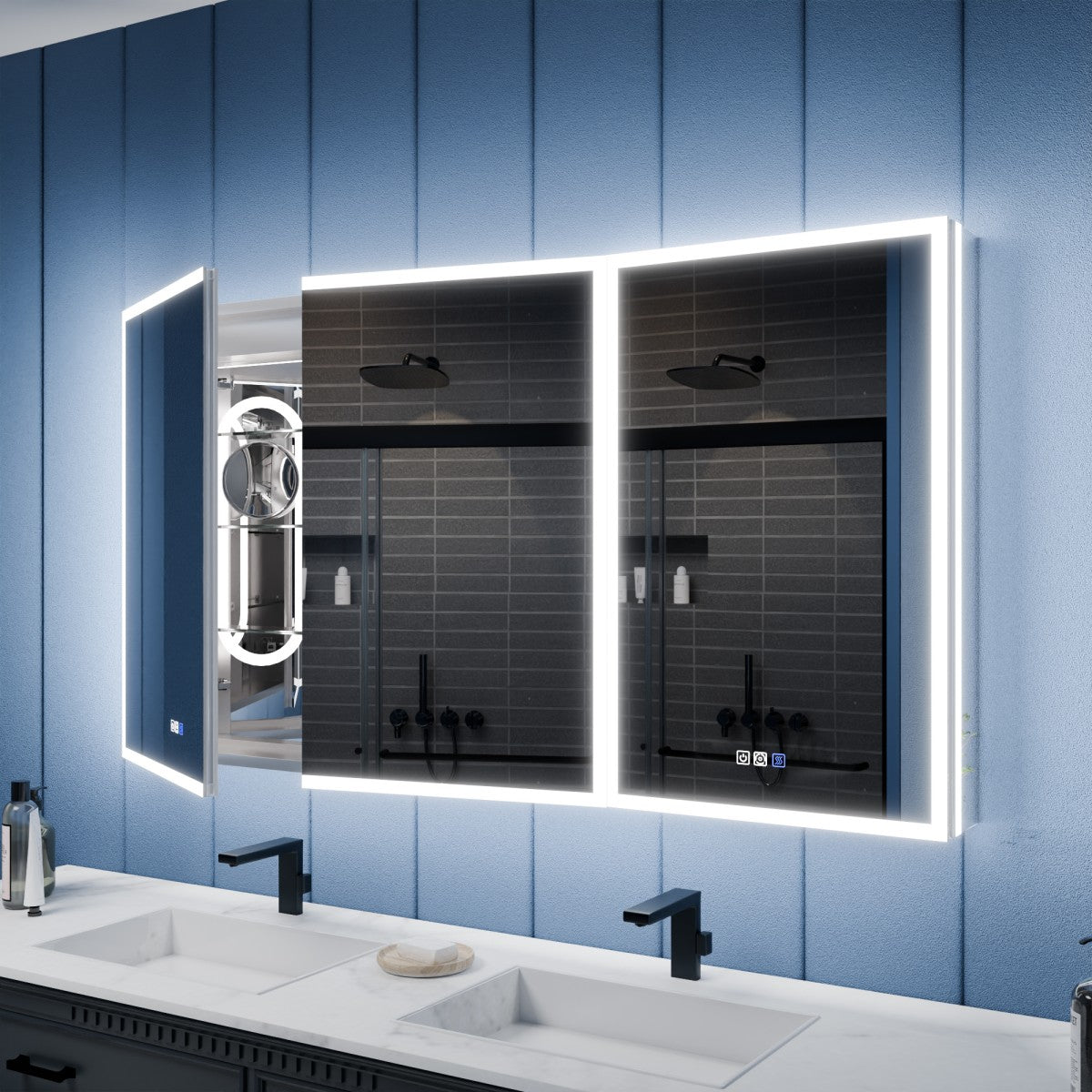 Illusion 60" x 32" LED Lighted Medicine Cabinet with Mirror and Light Magnifiers Front and Back