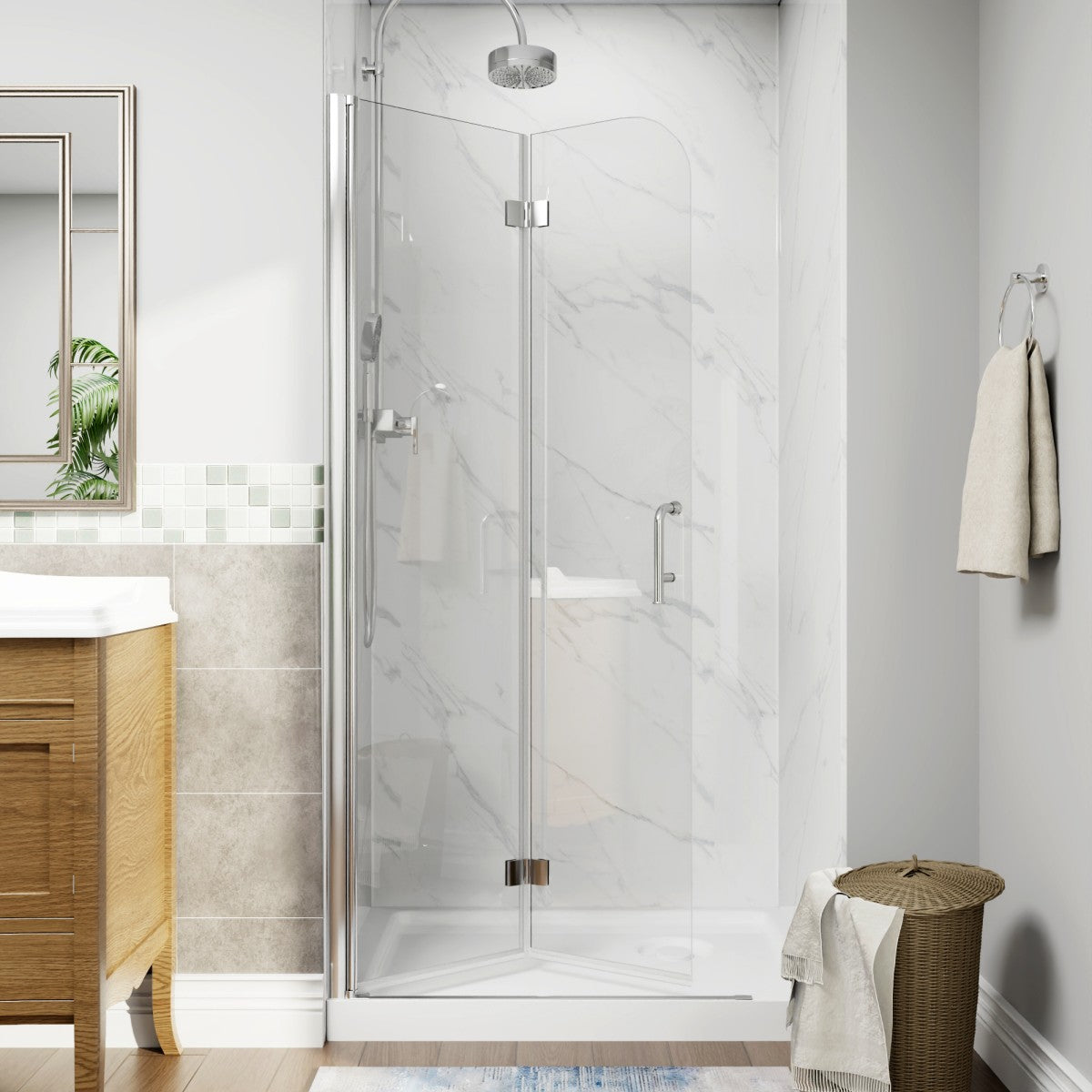 Adapt-E 30in.W x 72 in.H Bifold Frameless Folding Glass Shower Doors,Chrome Finish,Pivot Swing Shower Doors,1/4 in.Fold Clear Glass